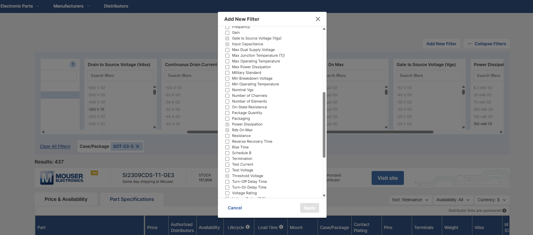Adicionando novos filtros no Octopart para transistores