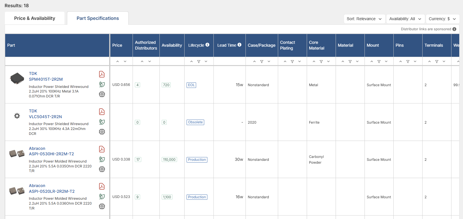 Switch to the Part Specifications tab in Octopart to compare parts side-by-side