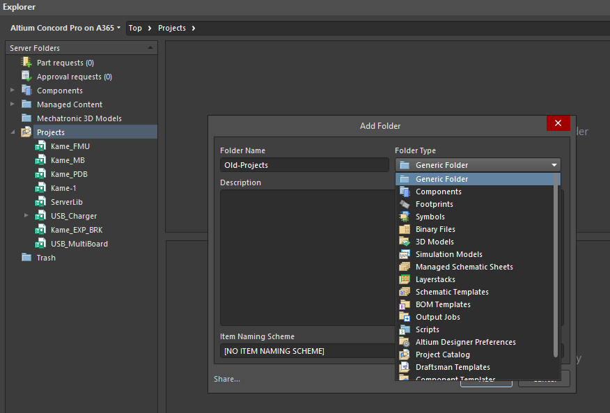 Explorer panel in Altium Designer folder creation