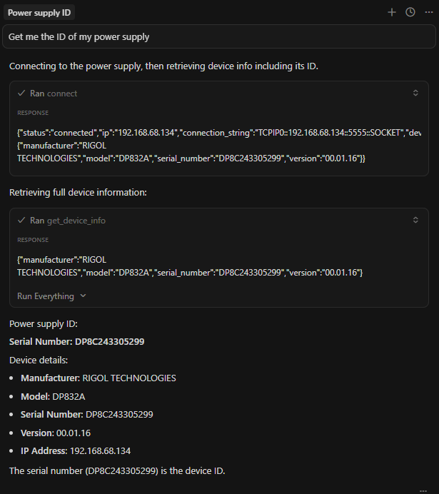 Figure 1: *IDN? call via MCP tool calling