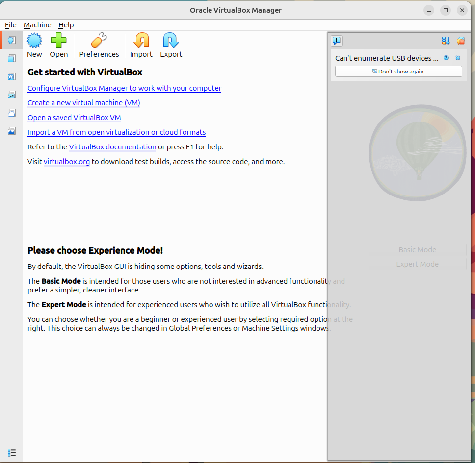 Figure 1: VirtualBox home screen on Ubuntu 24.04