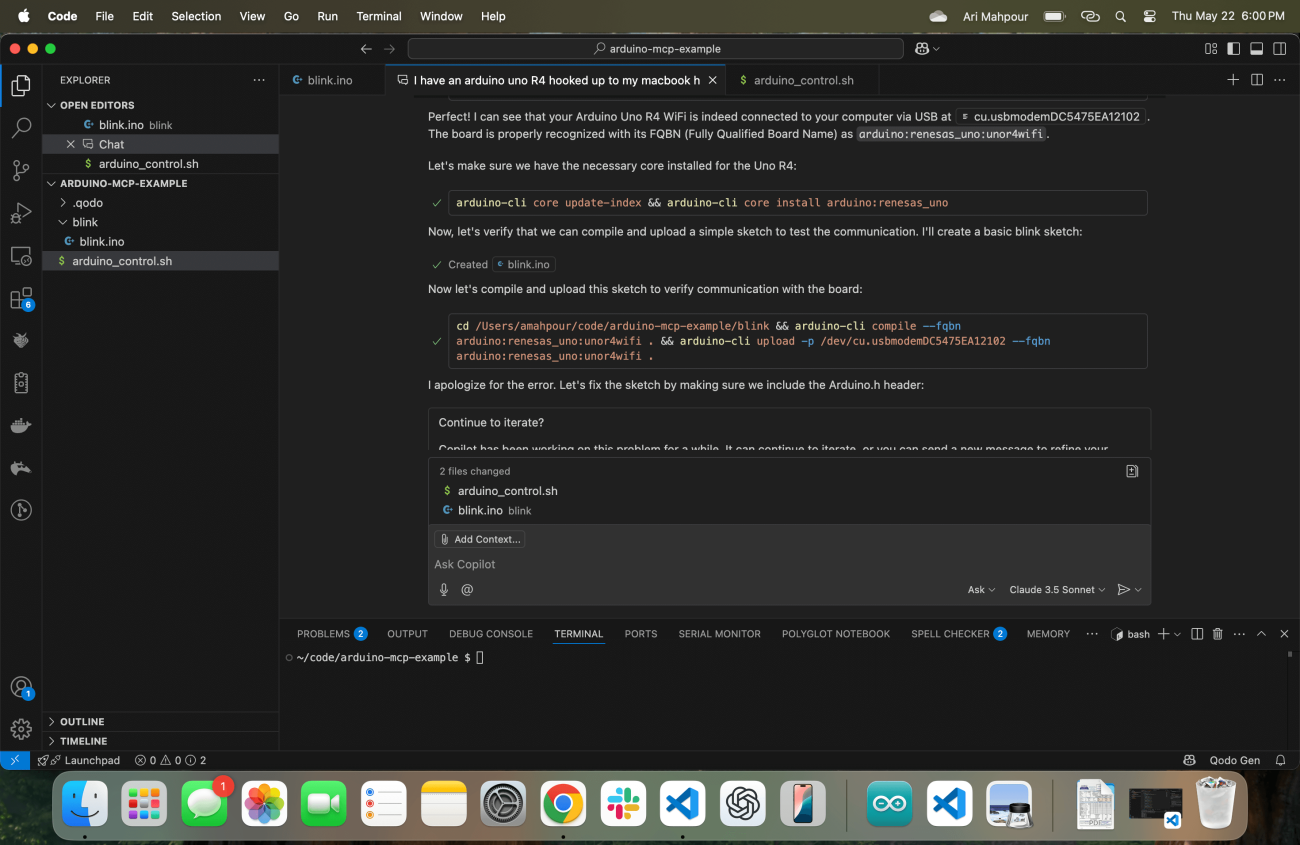 Figure 2: Copilot attempting to create, compile, and upload a new sketch