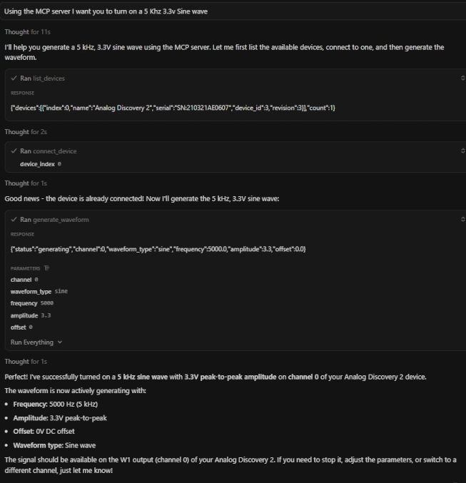 Figure 2: Driving a signal out of the Analog Discovery device using an MCP tool call
