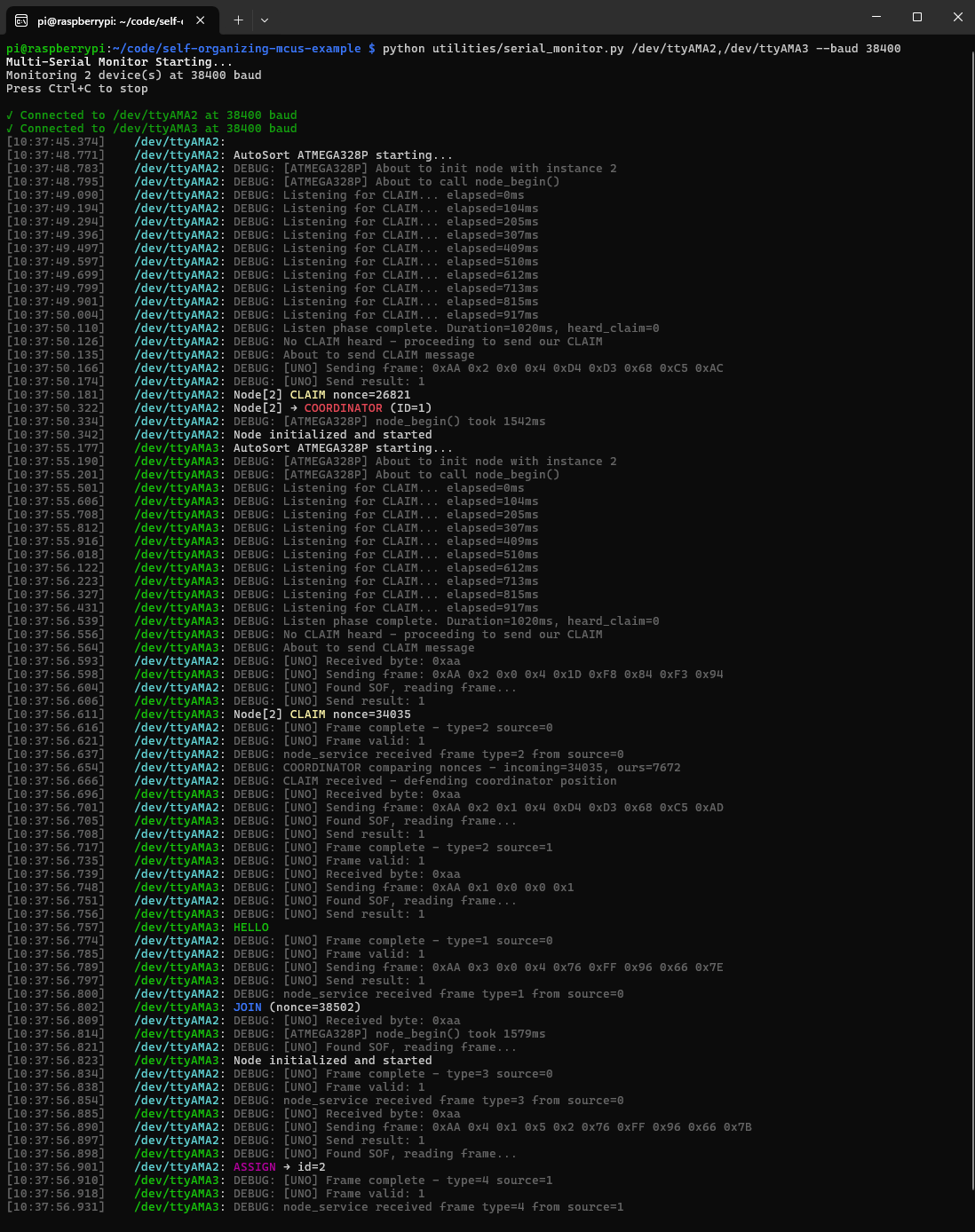Figure 4: Printout of serial monitor from Self-Organizing MCU project on Raspberry Pi