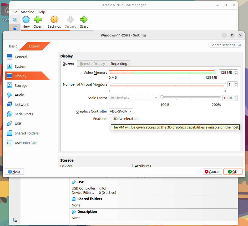 Figure 5: Display settings with 3D acceleration enabled