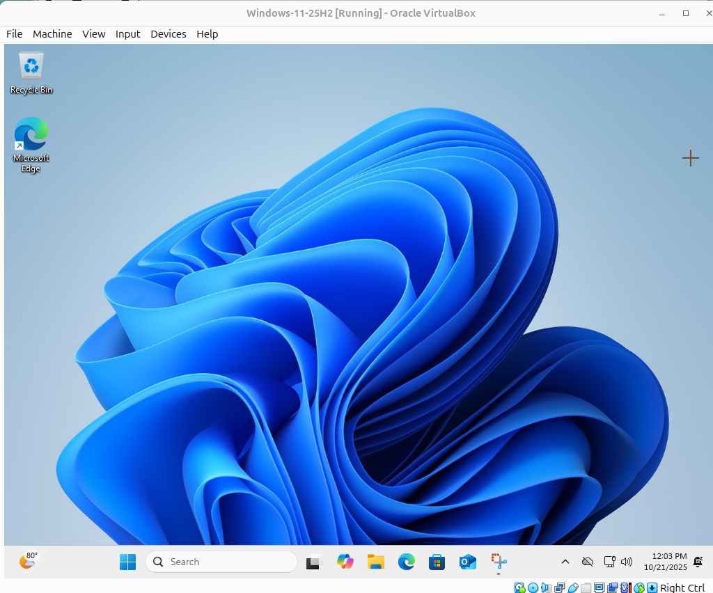 Figure 10: First boot of Windows 11 desktop inside VirtualBox