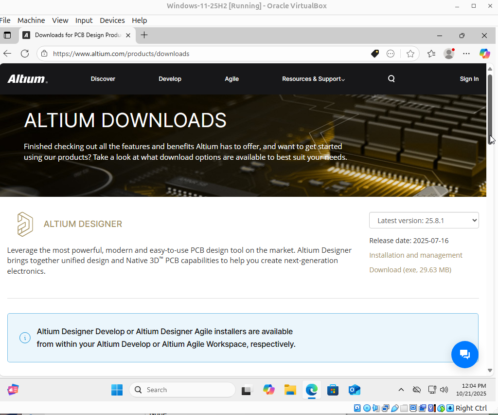 Figure 11: Altium Designer download page in Microsoft Edge