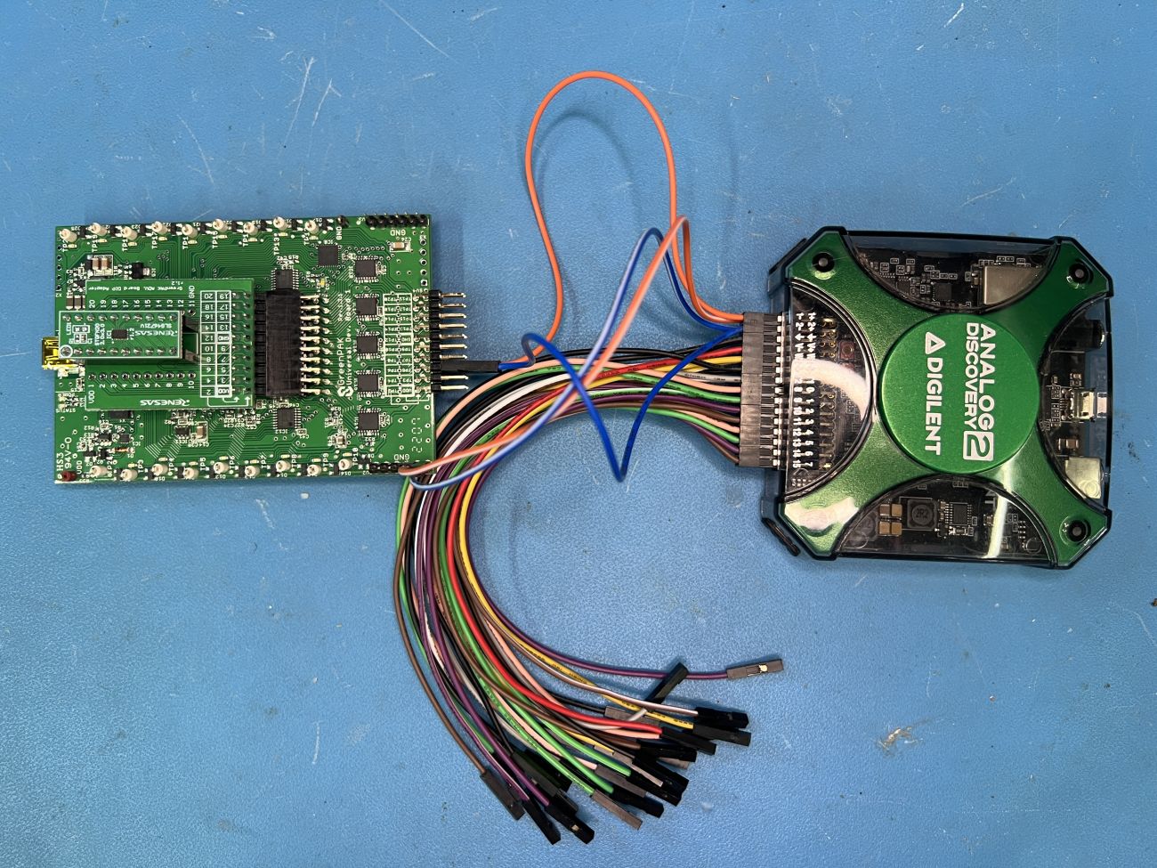 Figure 12: GreenPAK evaluation kit hooked up to an Analog Discovery 2
