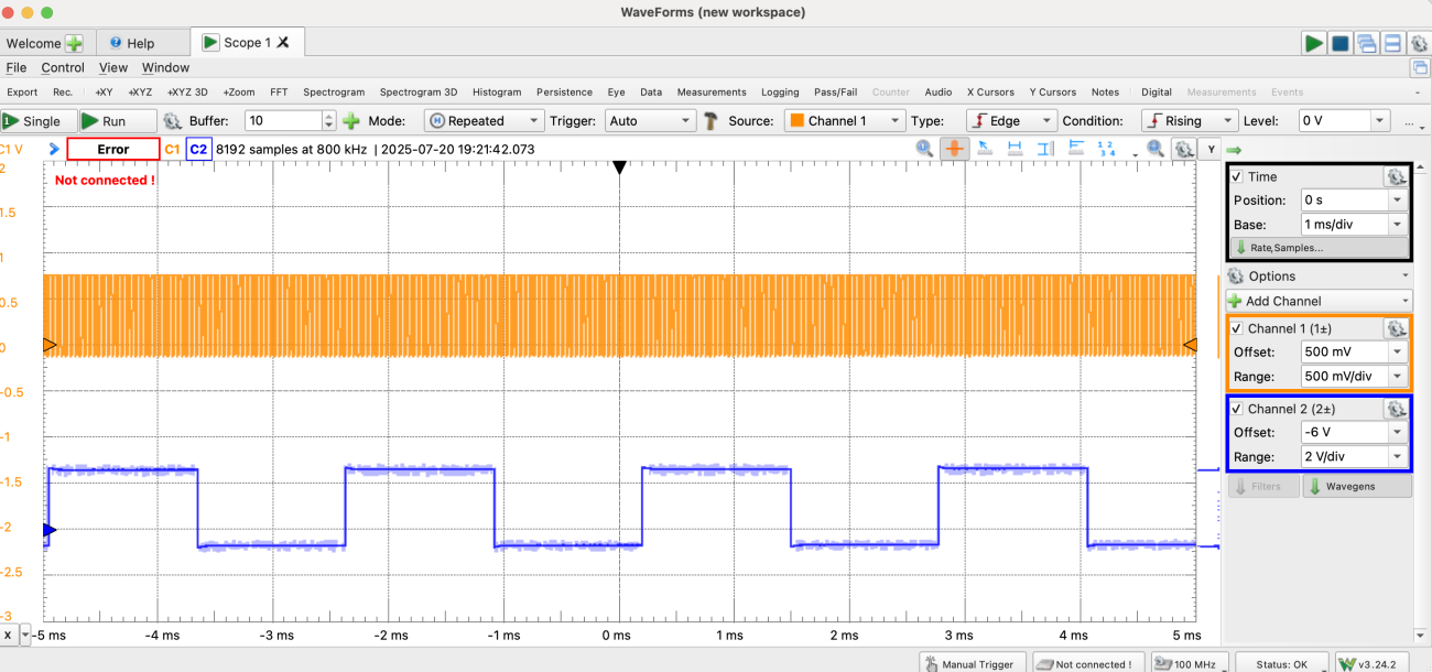 Figure 13: Output clock signals hooked up to Analog Discovery 2 using Waveforms software