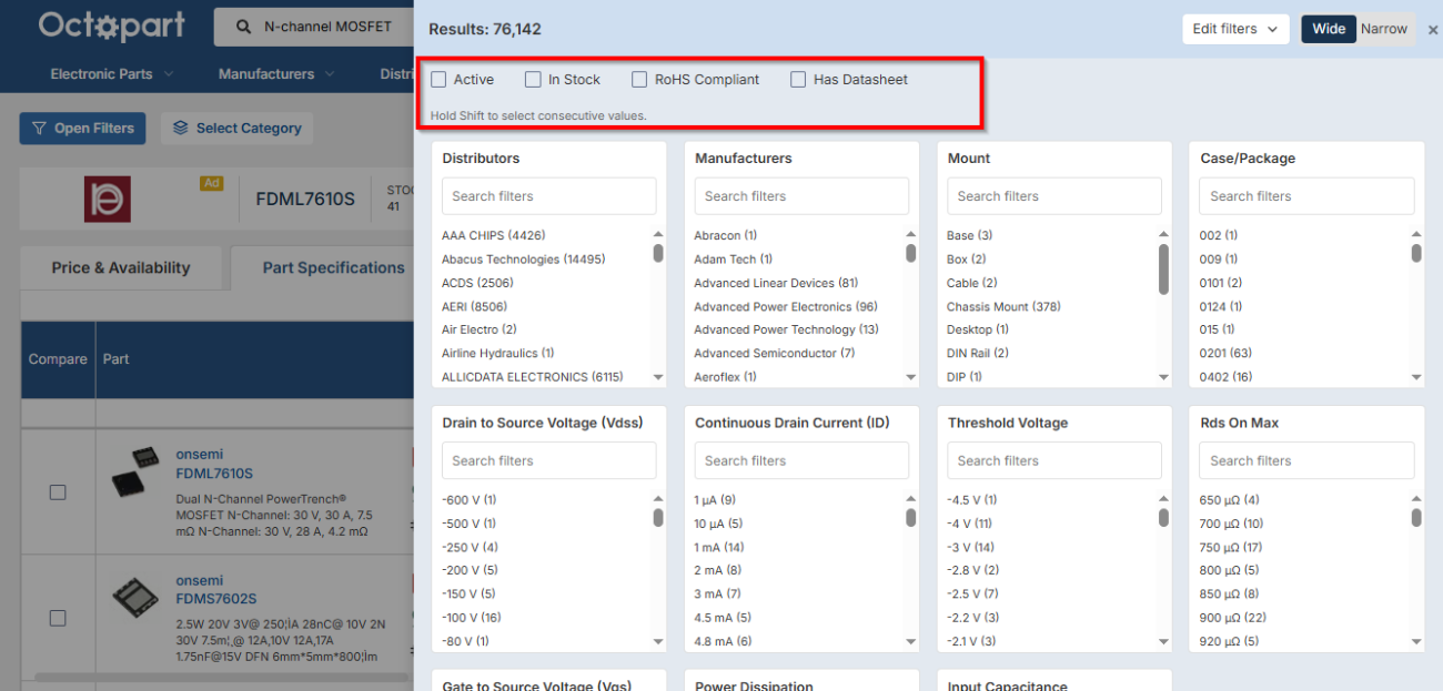 Octopart search results page showing filter panel for N-channel MOSFETs with options like Active, In Stock, RoHS Compliant, Has Datasheet, and category filters for distributors, manufacturers, voltage, current, and package size.