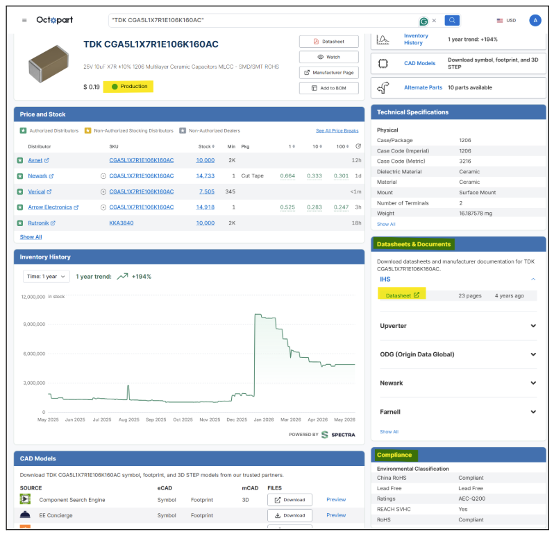 A candidate part page consolidating authorized distributors, pricing, inventory history, key tech specs, compliance information, and lifecycle indicator