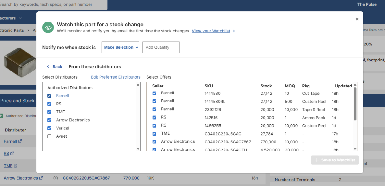 Adding the part to the Octopart watchlist - alerts