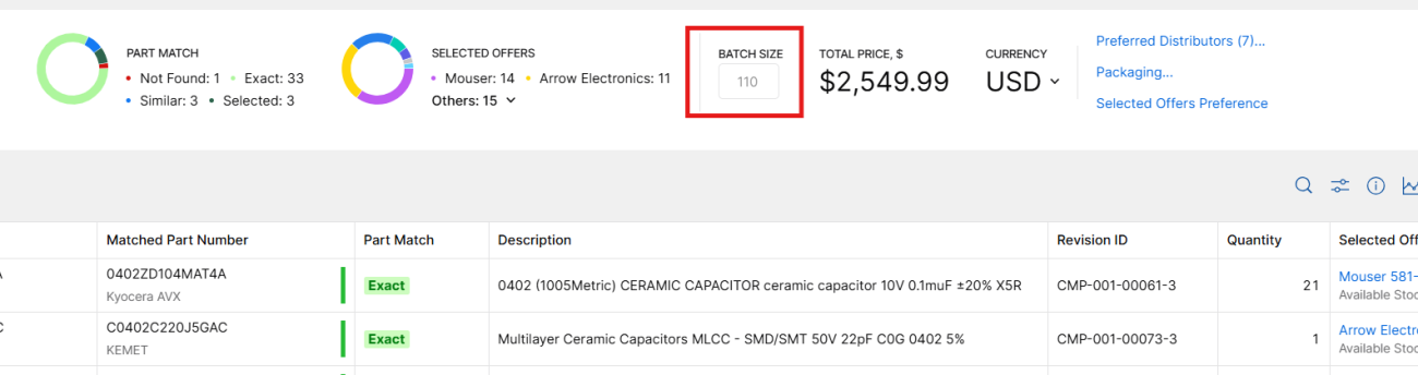 Adjusting batch size in Octopart BOM Tool