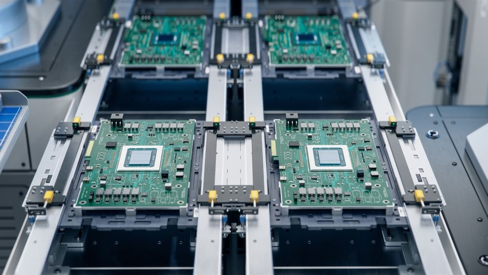 Advanced Circuit Boards on Assembly Line. Electronics Manufacturing Facility or Factory. Electronic Devices Production Industry. Fully Automated PCB Assembly Line.