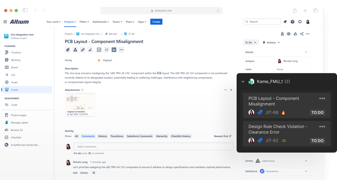 Altium Agile Teams and Jira auto-sync tasks, issues, statuses, and comments. Everyone learns that they can trust the status they’re seeing.
