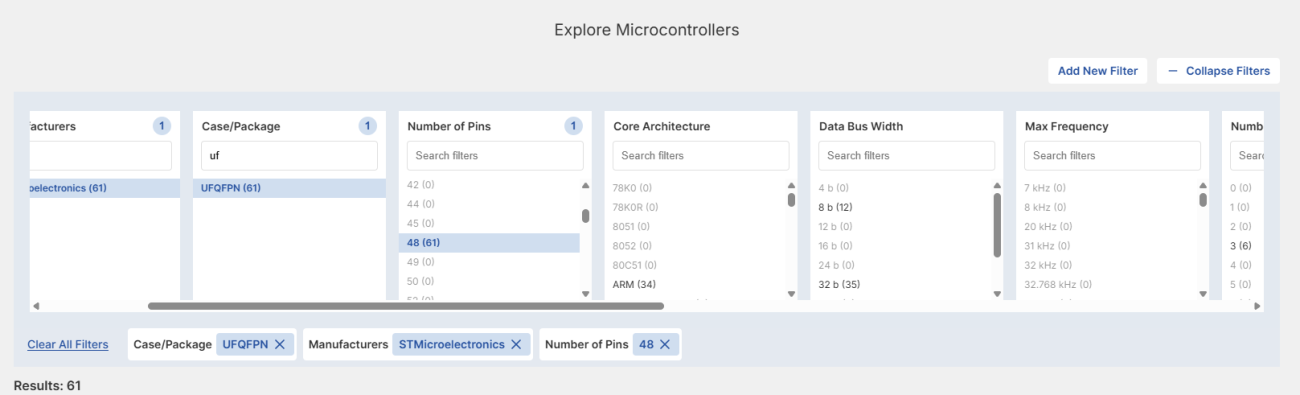 Apply Initial Filters to microcontrollers in Octopart