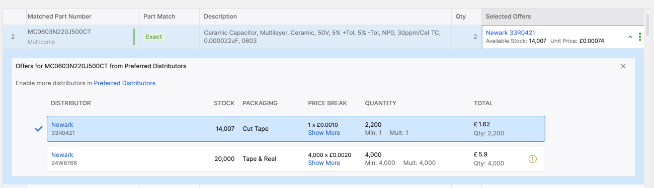 Automated Offer Comparison and Selection in Octopart BOM Tool