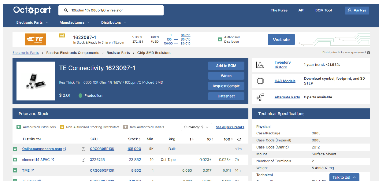 Comparing manufacturers, packaging options, and compliance status through Octopart