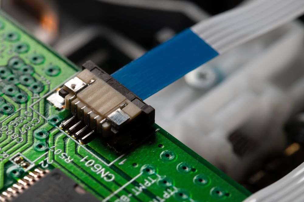 Curved PCB FPC part, flexible contact. Electronics and microchips