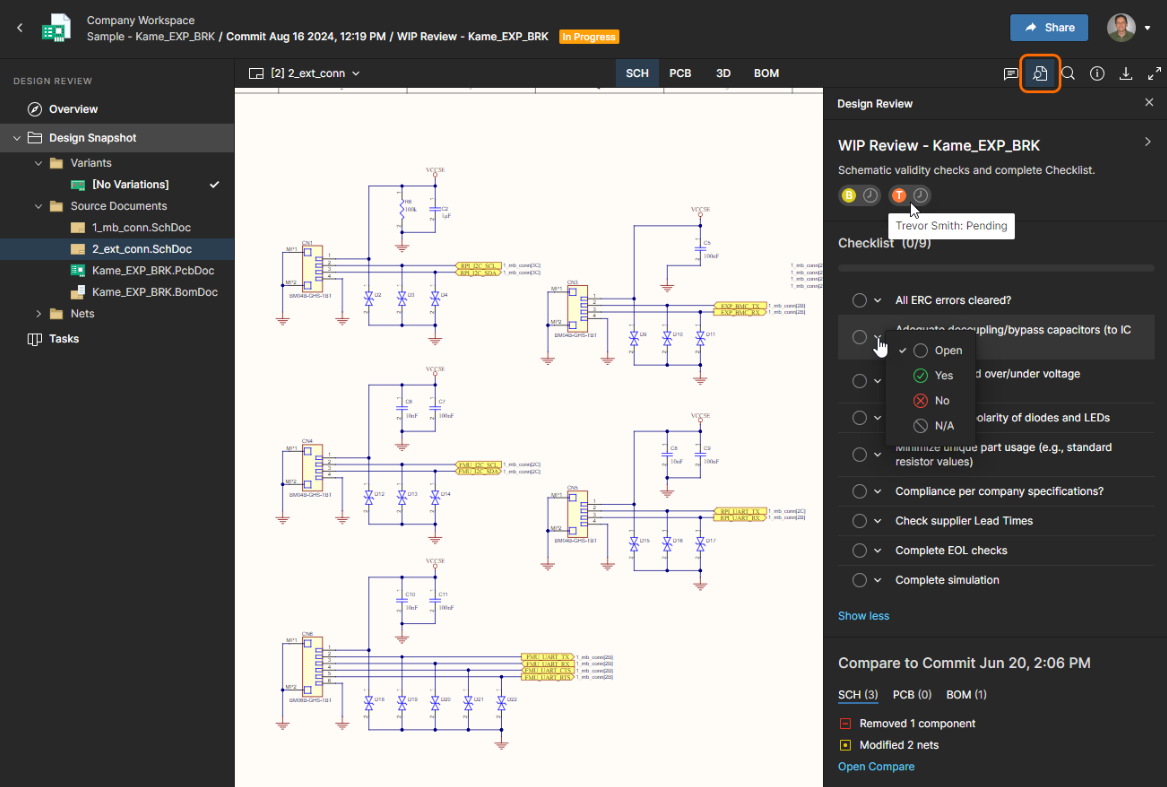 Use comments and tasks as you normally would in Altium 365, but now you can track them by each design review.
