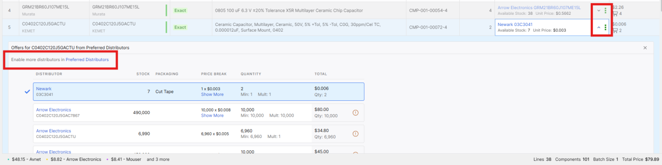 Each line in your BOM includes a dropdown where you can view offers from your preferred distributors