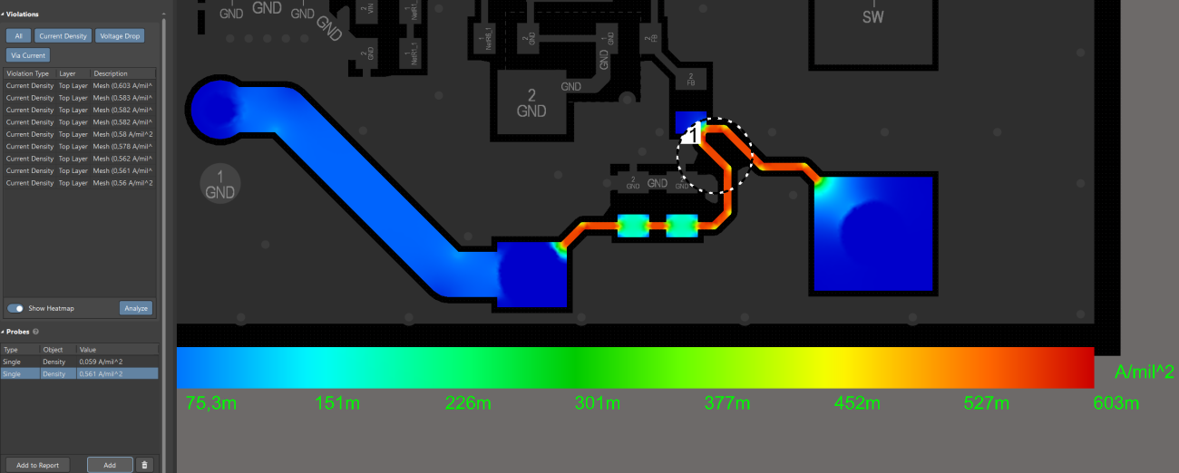 Current density on the output trace – incorrect PCB layout