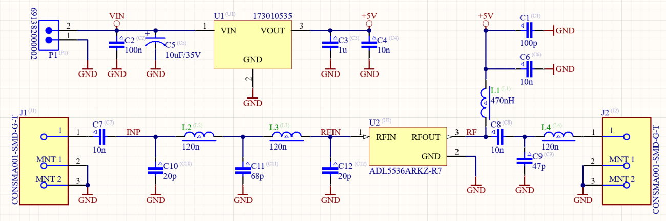 Schematic of an RF low-pass filter with a gain block