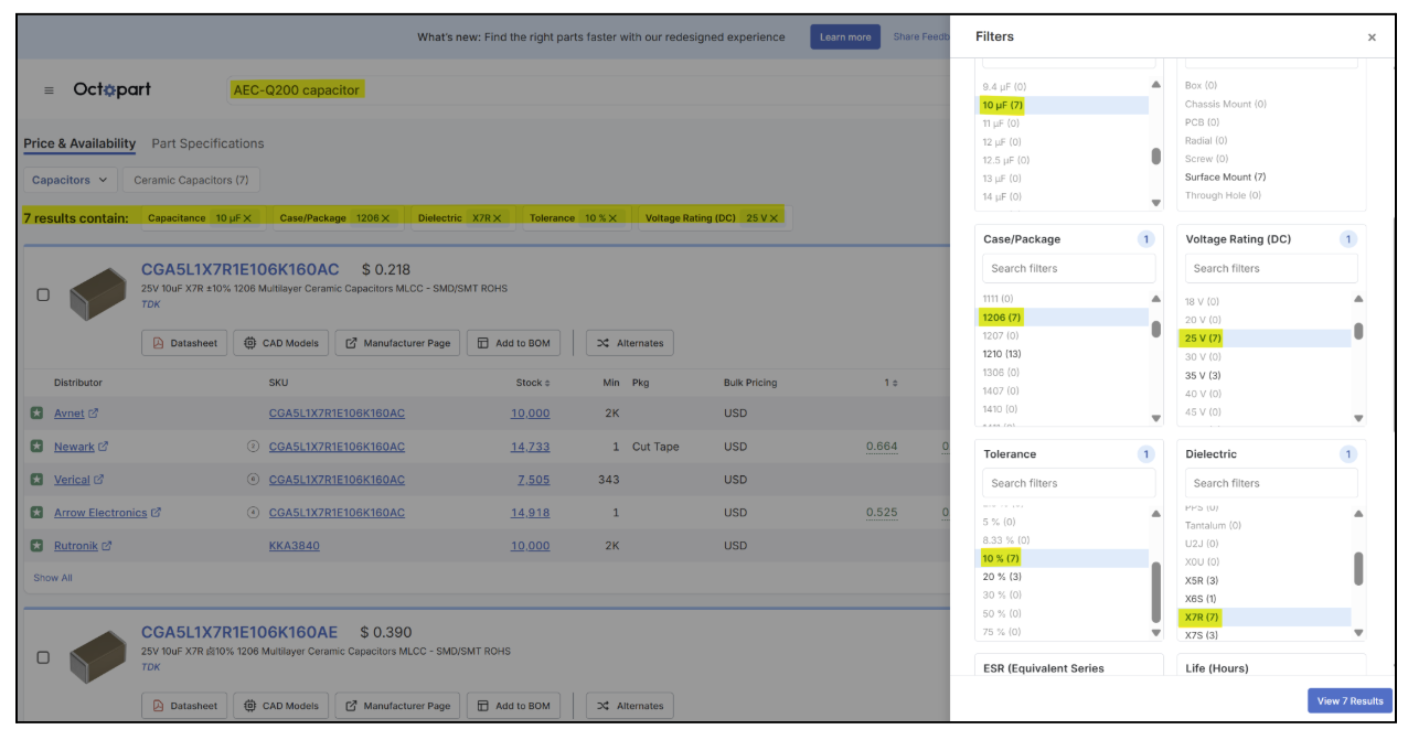  Filter sidebar with filters selected and applied in Octopart