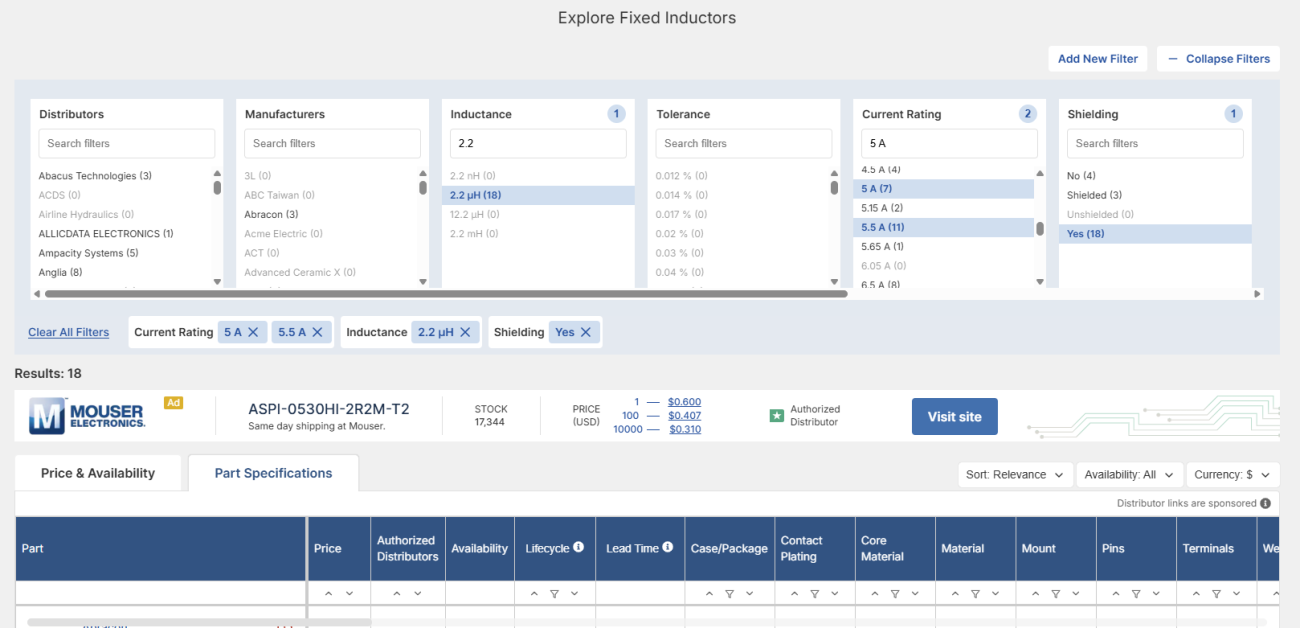 Explore fixed inductors filters in Octopart