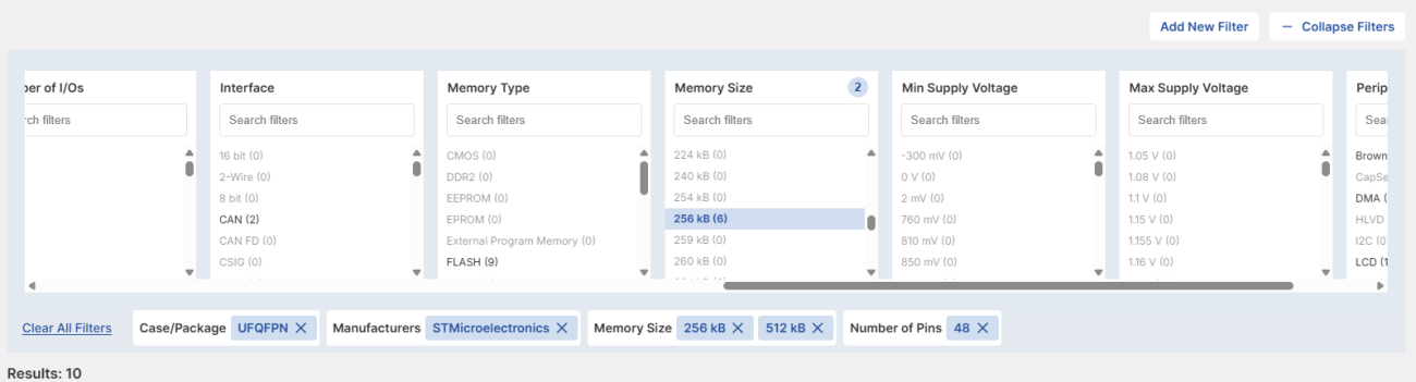 Filtering for Flash Memory Size in Octopart