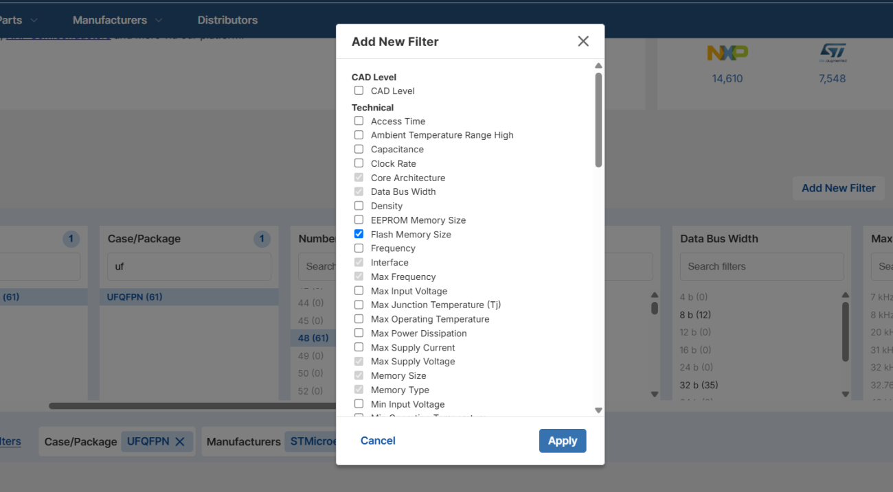 Adding a filter for Flash Memory Size in Octopart