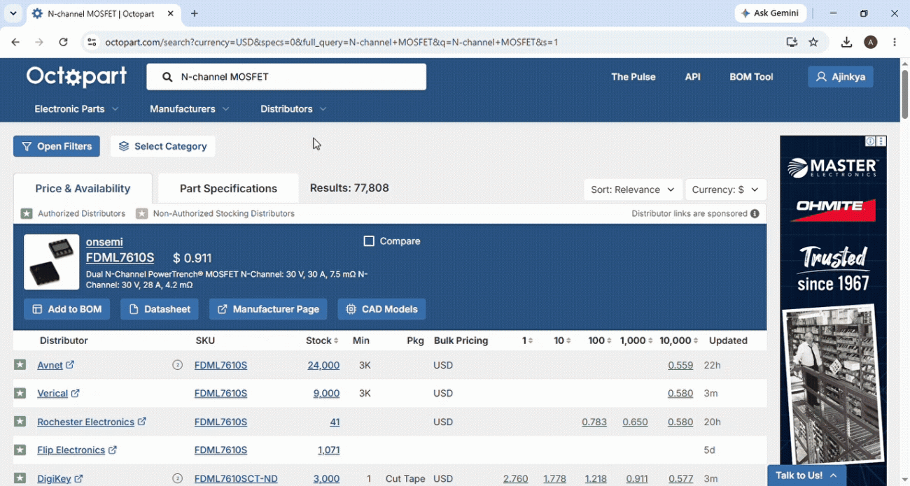 Octopart search results page for N-channel MOSFET showing listed parts with pricing, stock levels by distributors, and actions like Add to BOM, datasheet, and CAD models.