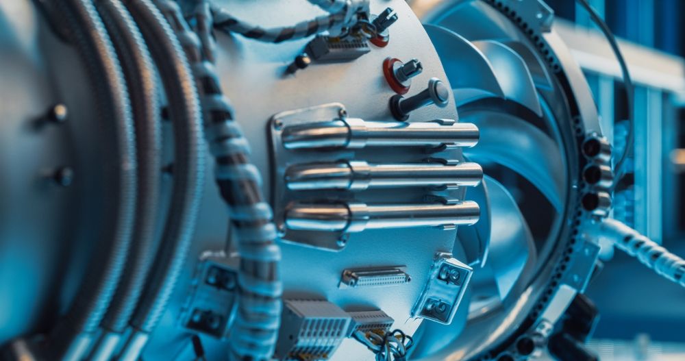 High Tech Futuristic Turbine Engine with Multiple Fans, Wires, Connectors. Jet Engine with Stylish Contemporary Design in Technological Silver Color. Project in Development in Research Laboratory