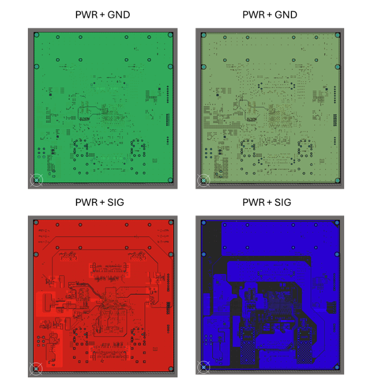 This high-speed PCB requires multiple power rails for the system host. Each layer is filled with large rails and ground in order to evenly distribute copper in the PCB stackup.
