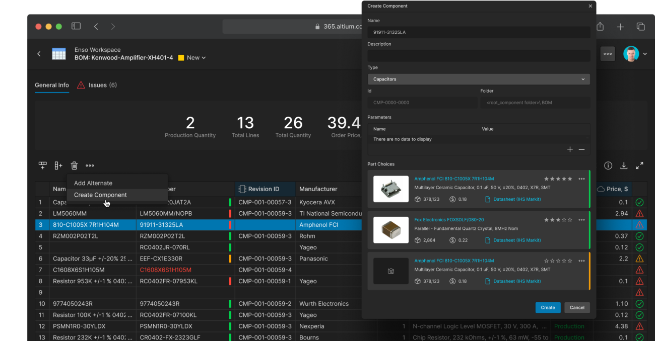 In Altium Agile Teams, the whole team can track BOM revisions, part risks, and lifecycles.&nbsp; 