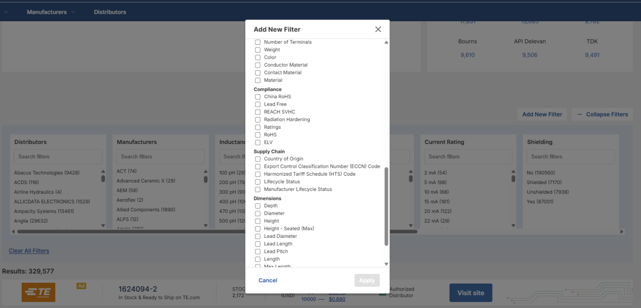 Choosing alternate inductors by adding new filters in Octopart