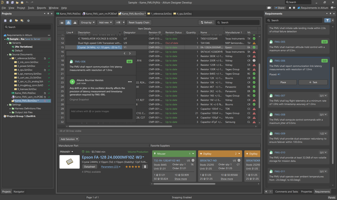 Link design decisions in schematics, PCB layouts and BOMs to requirements.