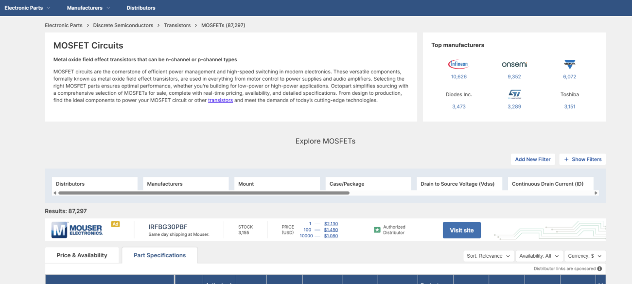 Navigating to the MOSFET Section in Octopart