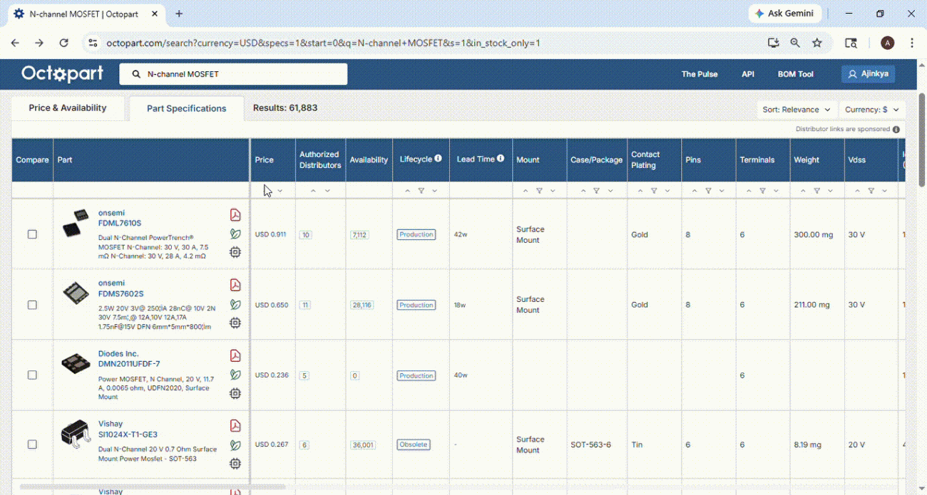 Octopart search results table for N-channel MOSFETs displaying detailed specifications such as price, stock availability, lifecycle status, lead time, package type, pins, weight, and voltage ratings.