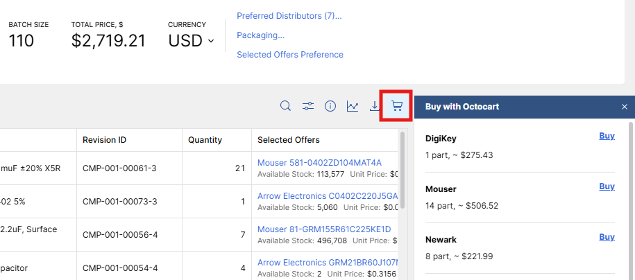 Octocart - Shopping cart icon in Octopart BOM Tool