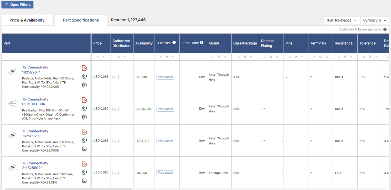 Octopart brings together listings from multiple distributors in one place, showing available quantities, packaging, lead times, and pricing to create a transparent picture of the market