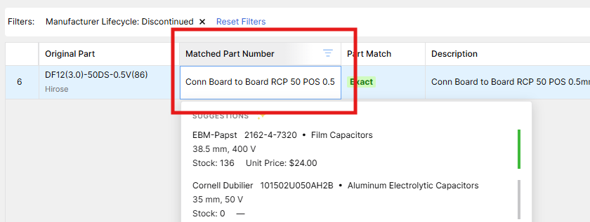 Paste it directly into the Matched Part Number column
