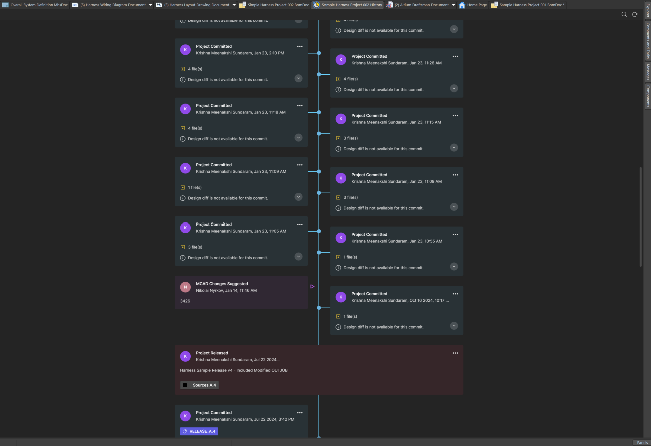 Real-time design updates ensure every change is accurately reflected across engineering to manufacturing. With a complete history of changes, you can see all the project commits and releases. 