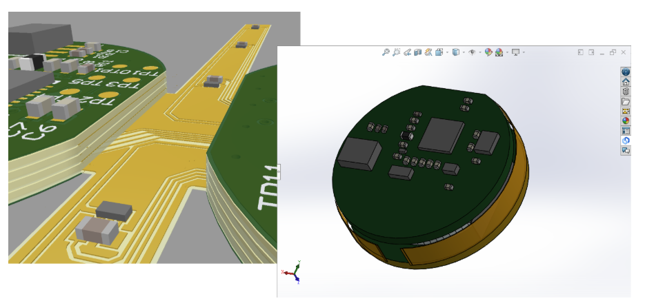 Rigid-flex design shown in Altium’s PCB design environment (left) and in SolidWorks (right)