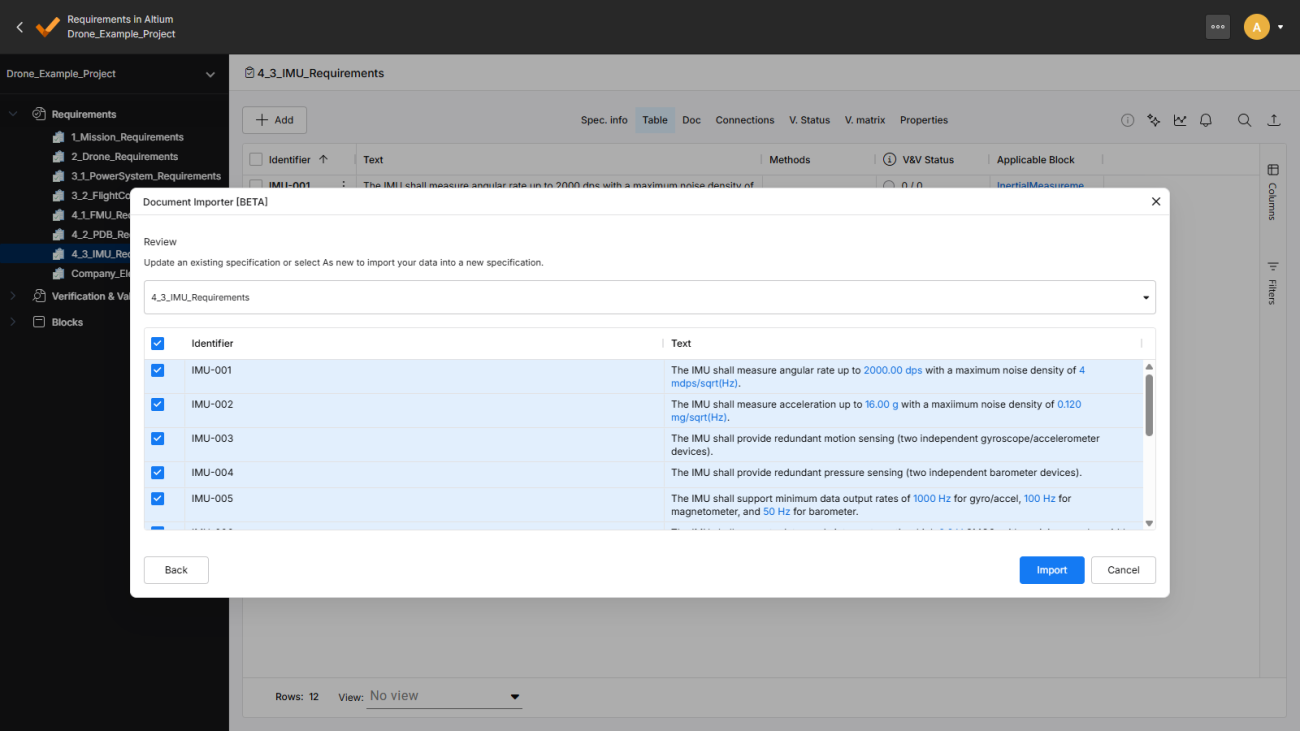 Screenshot 1 Document Import Workflow – AI tools can parse unstructured documents, identify requirements, and convert them into structured data.