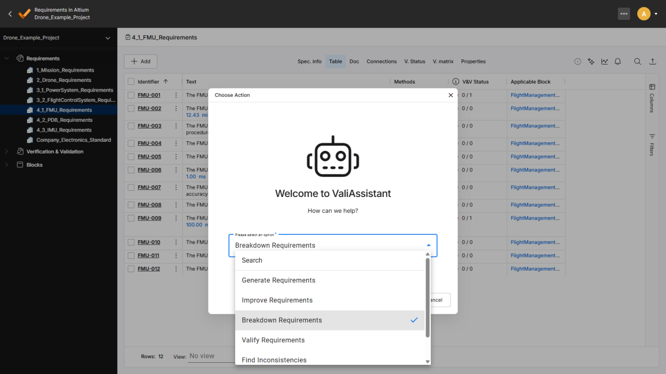 Screenshot 2: Requirements Suggestions with AI Assistant – An AI assistant can suggest derived requirements to help surface them earlier and ensure important requirements are not missed.