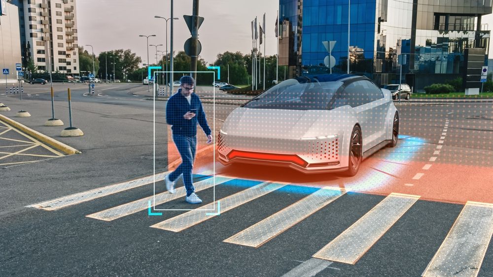 Self-Driving 3D Car Concept Person Steps on a Crosswalk, Autonomous Vehicle Stops Before Him. Visualization of Safety Features Scanning Surroundings, Detecting Pedestrian, Stopping before Crosswalk