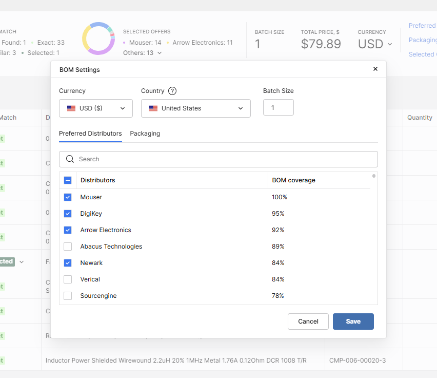 Setting region, currency, and packaging preferences in Octopart BOM Tool.png