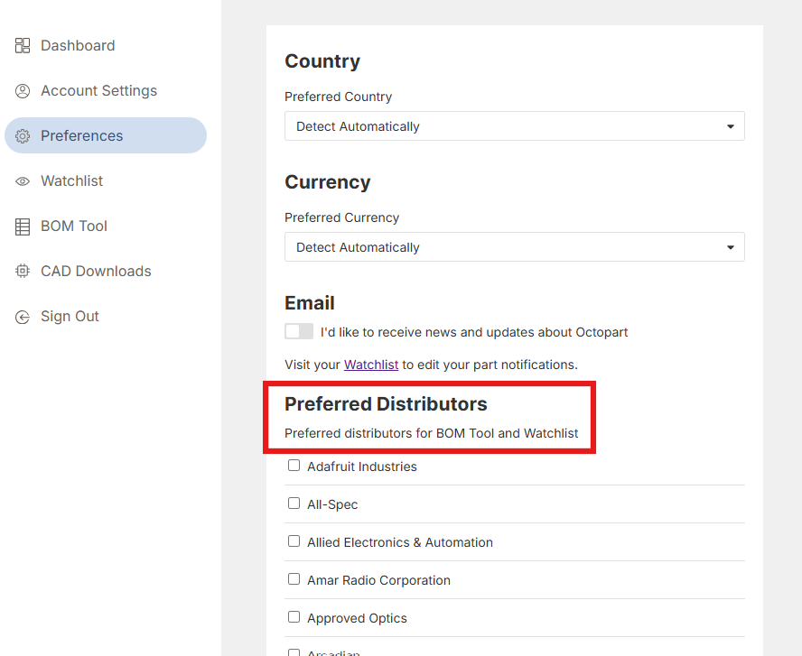 Setting up preferred distributors in Octopart