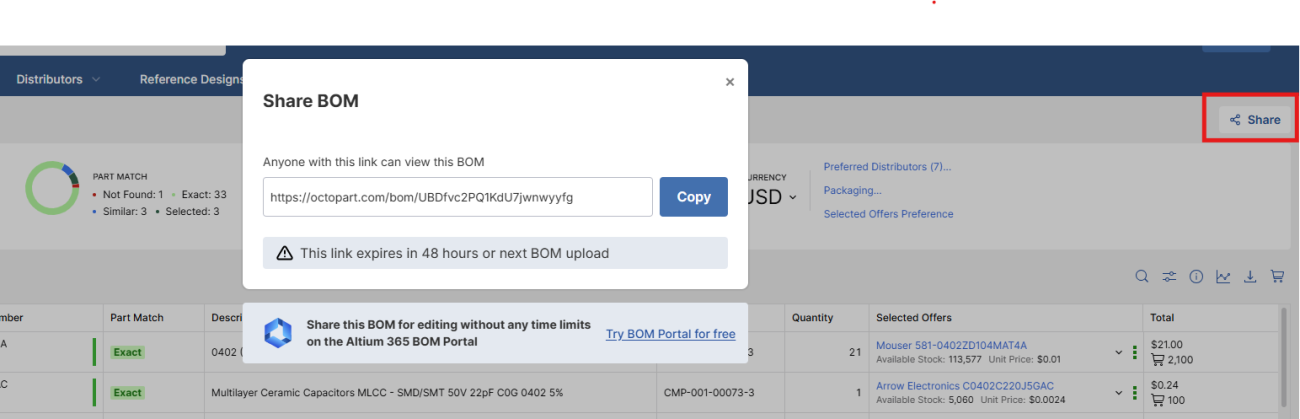 Share BOM via link in Octopart BOM Tool